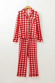Festive red gingham pajama set with green trim, collared long sleeve top and pants.