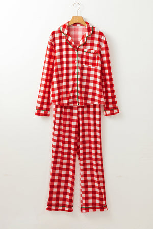 Festive red gingham pajama set with green trim, collared long sleeve top and pants.
