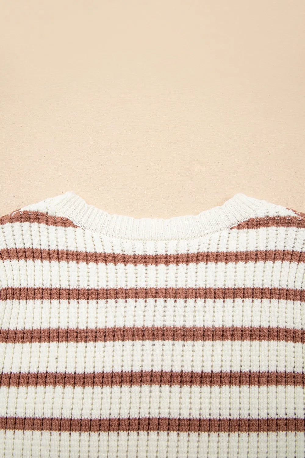Caramel striped knit sweater with crewneck and textured detail