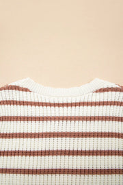Caramel striped knit sweater with crewneck and textured detail