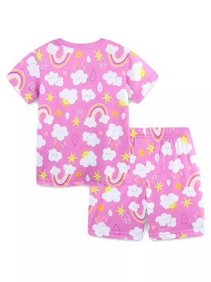 Girls' pink long john set with clouds, rainbows, suns, and stars pattern.