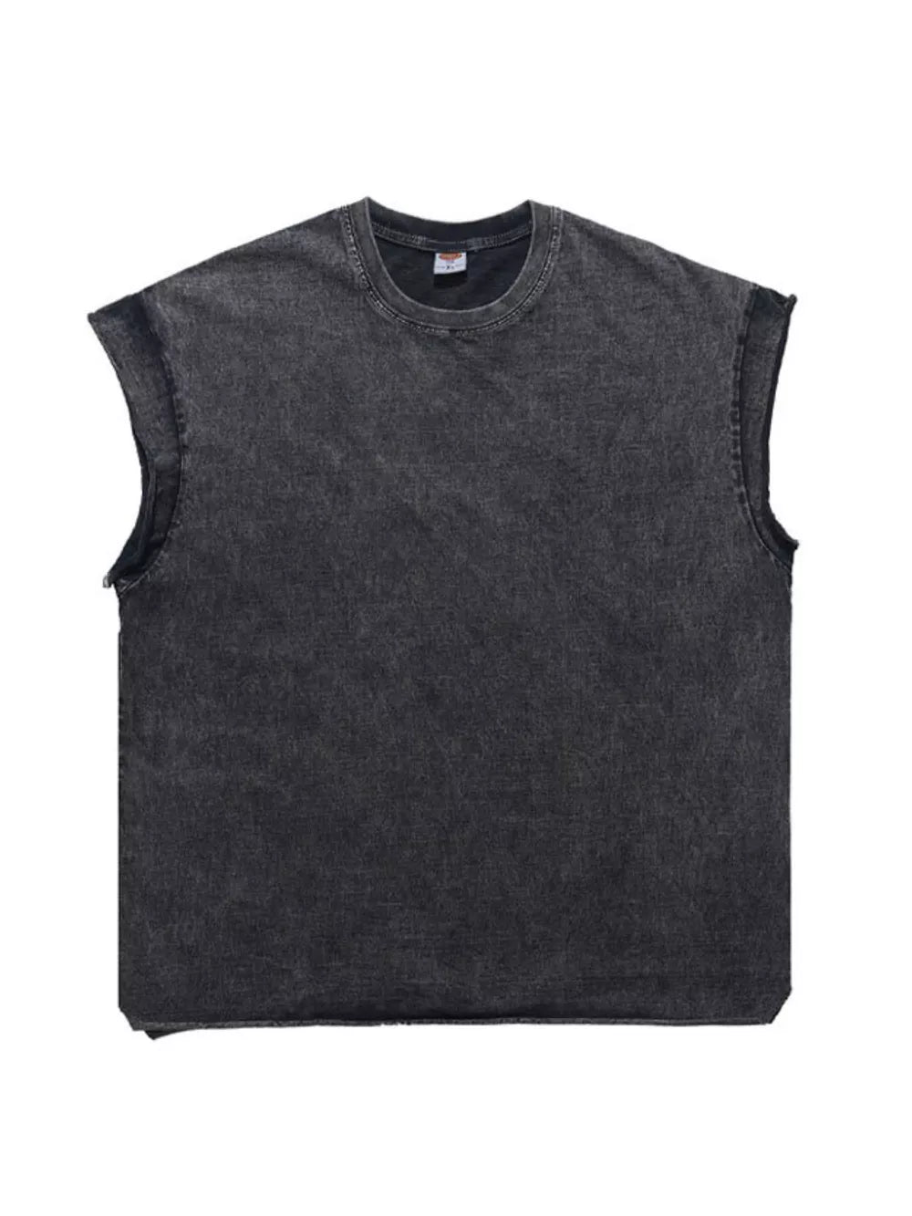Distressed dark gray cotton blend relaxed fit men's tank top with raw cut sleeves.