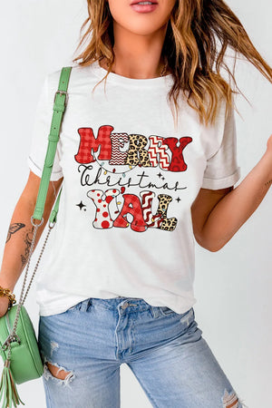 White t-shirt with festive patchwork "Merry Christmas Y'all" graphic and string lights.