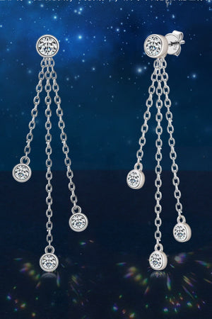 Silver cascading chain earrings with crystal accents.
