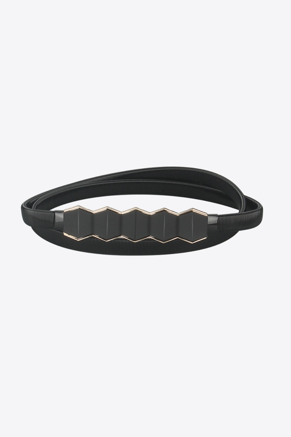 Black elastic belt with geometric gold and black buckle detail