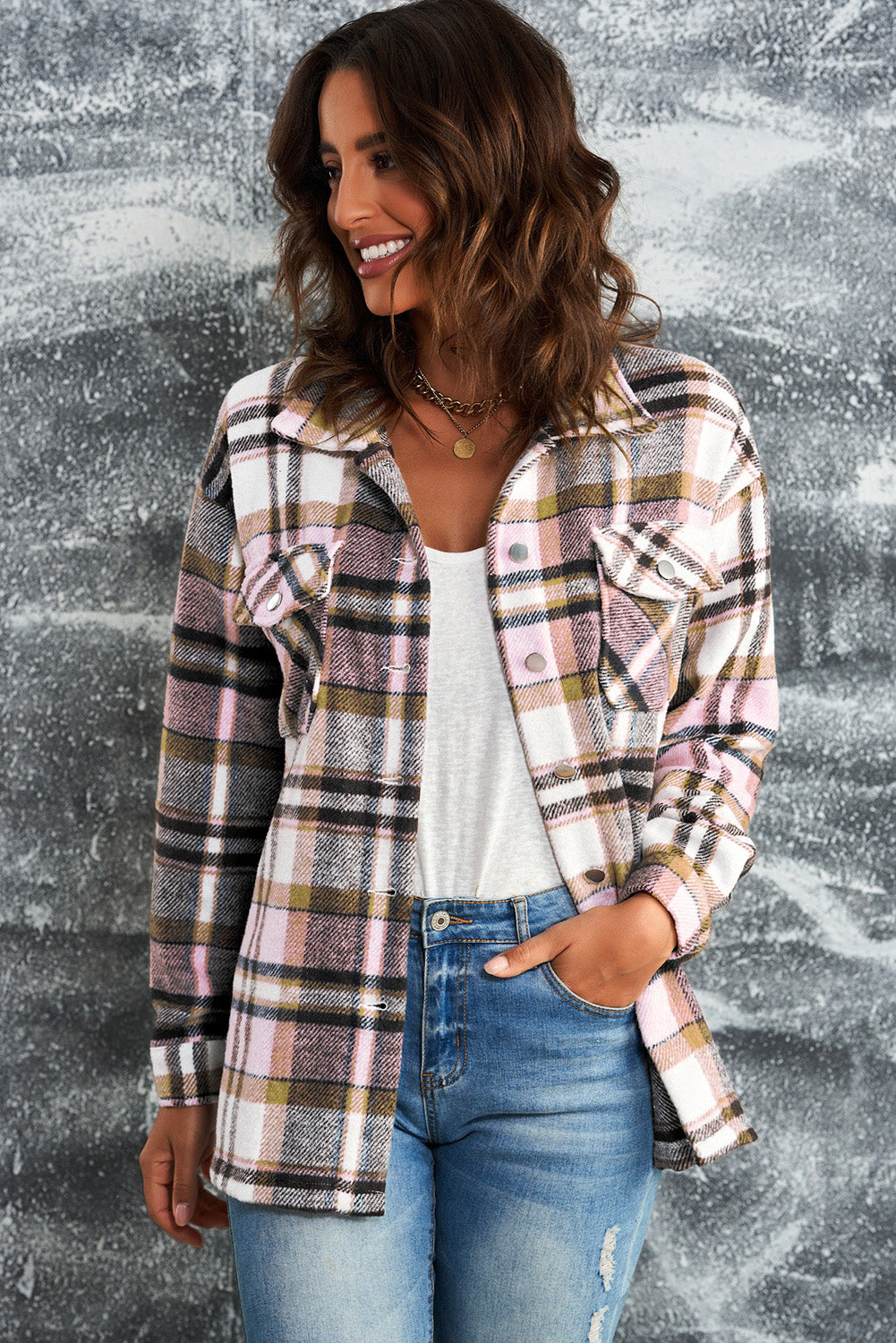 Soft plaid shacket in pink with patch pockets and button front, worn open over a white tank top.