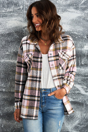 Soft plaid shacket in pink with patch pockets and button front, worn open over a white tank top.
