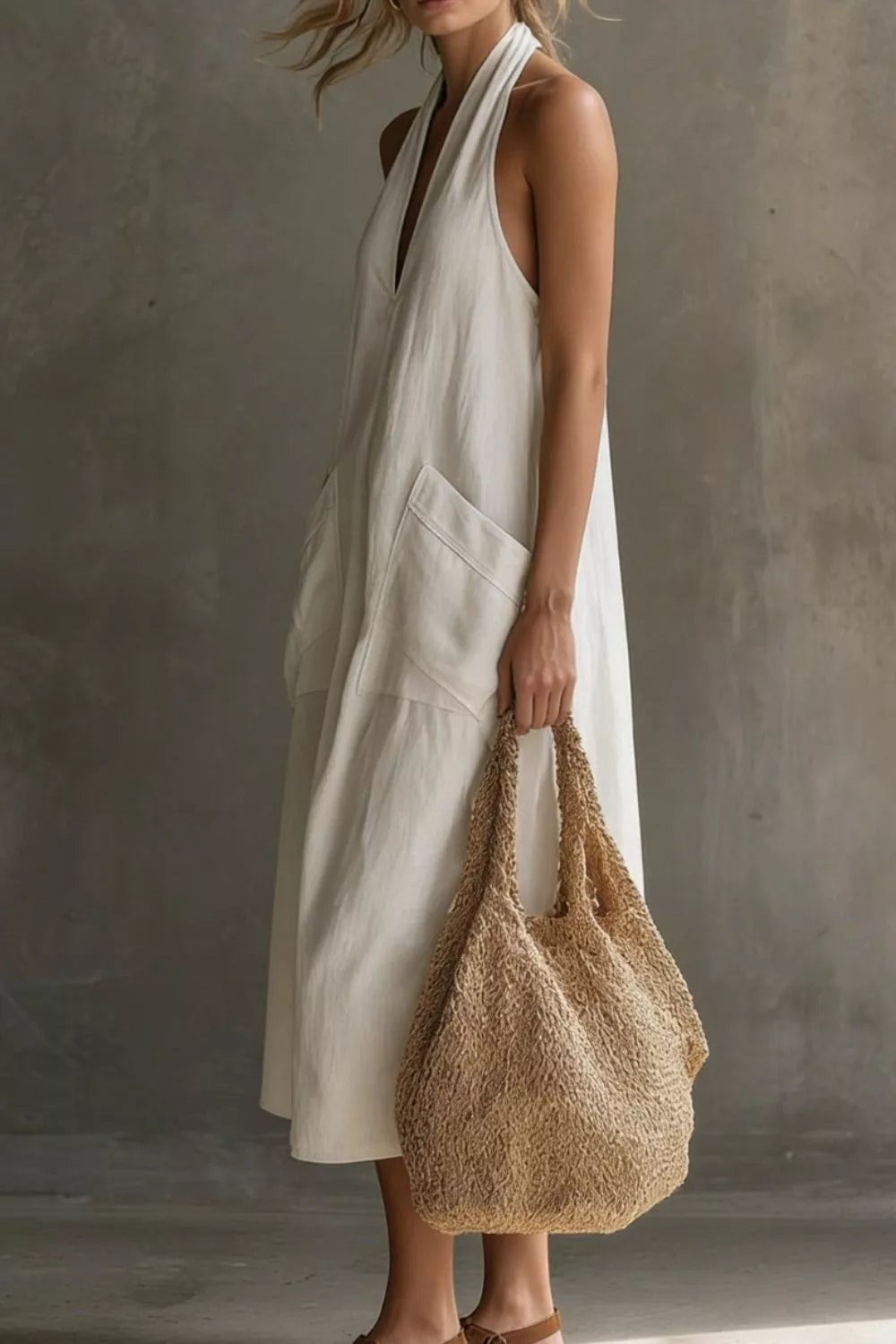 White halter midi dress with V-neck, sleeveless, and large front pockets.