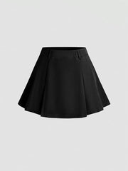 Black pleated mini skirt with a defined waist and belt loops.