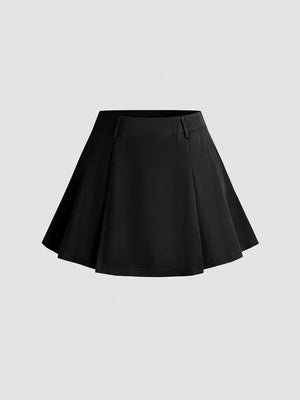 Black pleated mini skirt with a defined waist and belt loops.