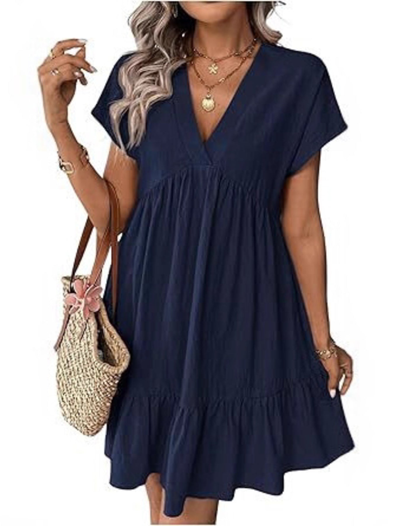 Navy V-neck ruffled mini dress with short sleeves and tiered hem.