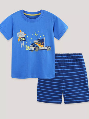 Blue cotton toddler pajama set with truck graphic tee and striped shorts