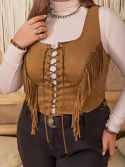 Caramel faux suede cropped vest with fringe and lace-up front.