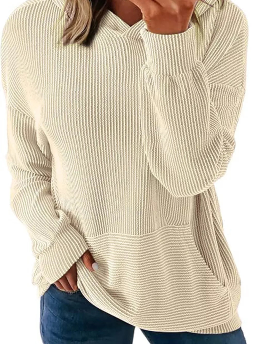 Apricot ribbed V-neck oversized hoodie sweatshirt with balloon sleeves and a kangaroo pocket.