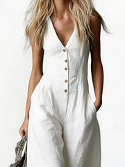 V-neck Button-down Wide-leg Jumpsuit in White, side view