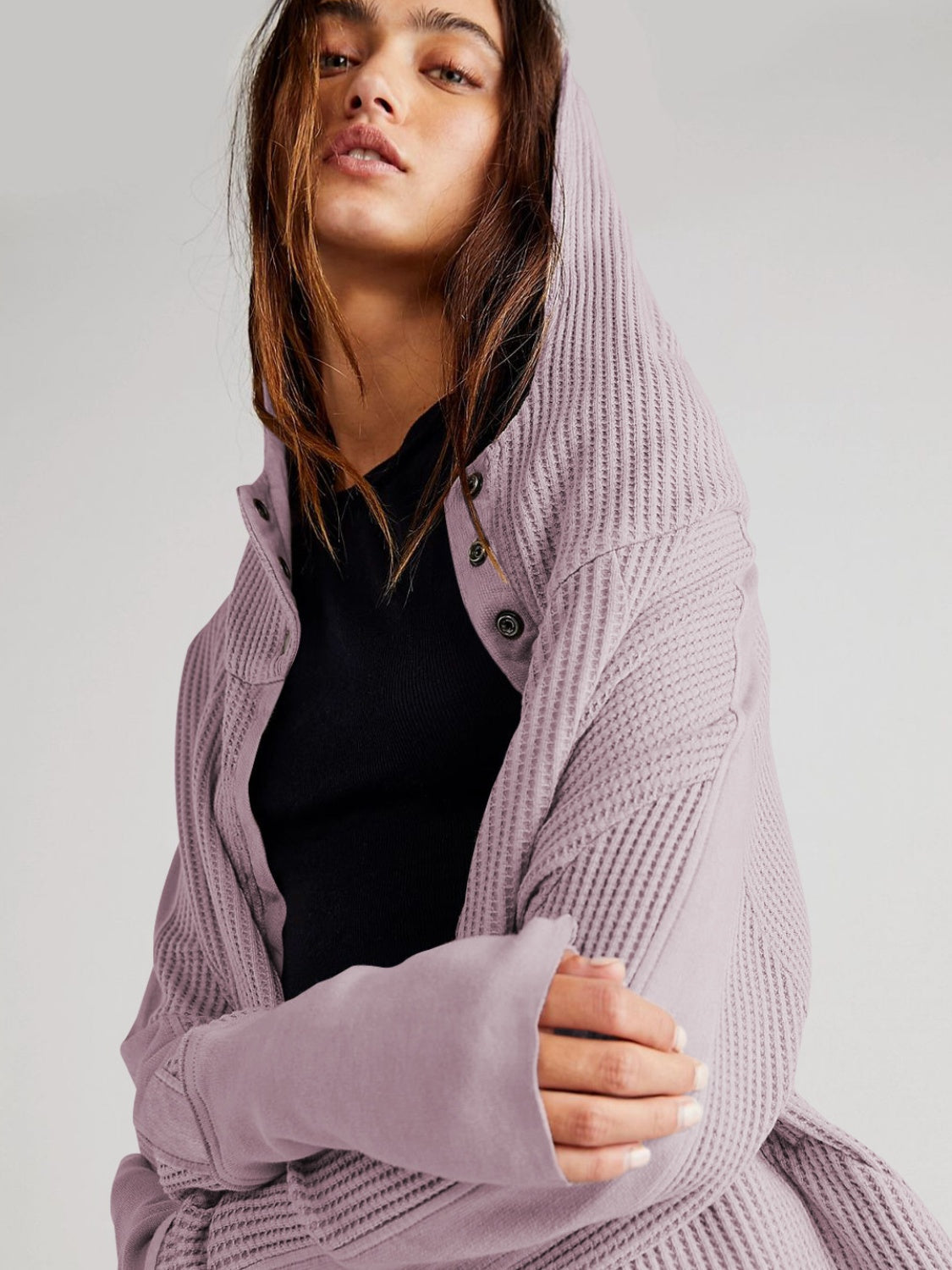 Lavender waffle knit cropped hoodie with snap front and thumbholes.