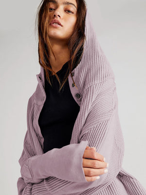Lavender waffle knit cropped hoodie with snap front and thumbholes.
