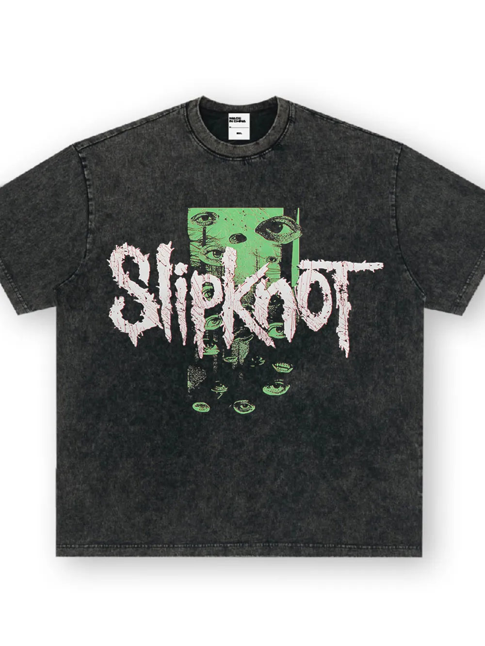 Dark gray oversized cotton crew neck tee with vintage Slipknot graphic and eyes design.