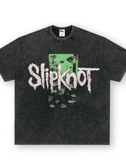 Dark gray oversized cotton crew neck tee with vintage Slipknot graphic and eyes design.
