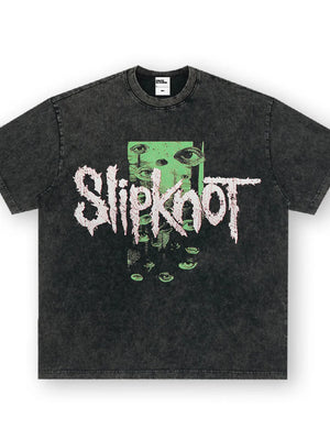 Dark gray oversized cotton crew neck tee with vintage Slipknot graphic and eyes design.