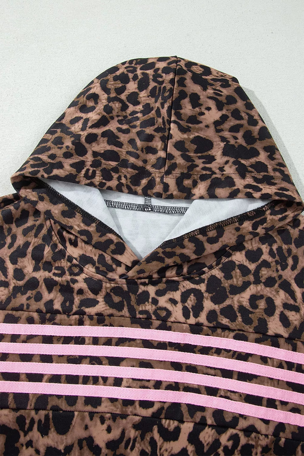 Leopard Print Striped Long Sleeve Top Pant Set in Coffee Brown, fit detail