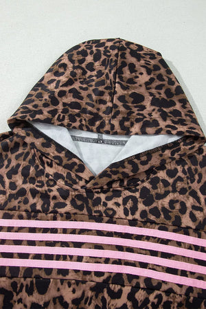 Leopard Print Striped Long Sleeve Top Pant Set in Coffee Brown, fit detail