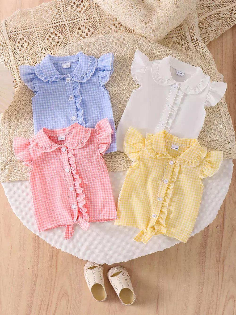 Children's Gingham Ruffle Collar Sleeveless Shirt in Yellow, front view