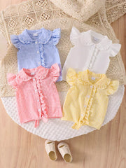 Children's Gingham Ruffle Collar Sleeveless Shirt in Yellow, front view