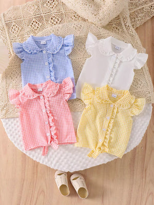 Children's Gingham Ruffle Collar Sleeveless Shirt in Yellow, front view