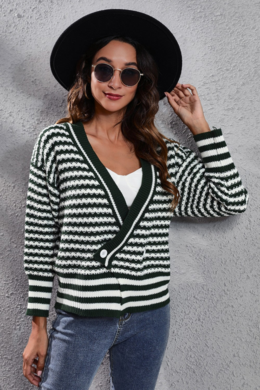 Black Forest chevron stripe button-front knit cardigan with a V-neck and long sleeves.