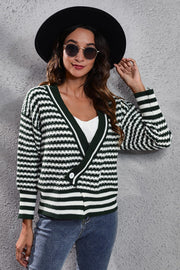 Black Forest chevron stripe button-front knit cardigan with a V-neck and long sleeves.