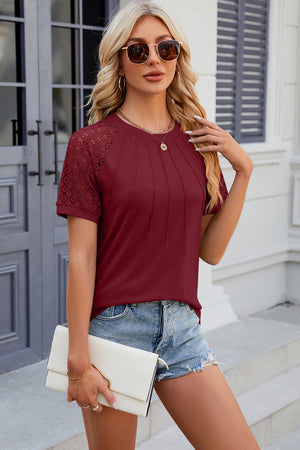 Burgundy lace raglan sleeve ribbed tee with pintuck detail on bodice.