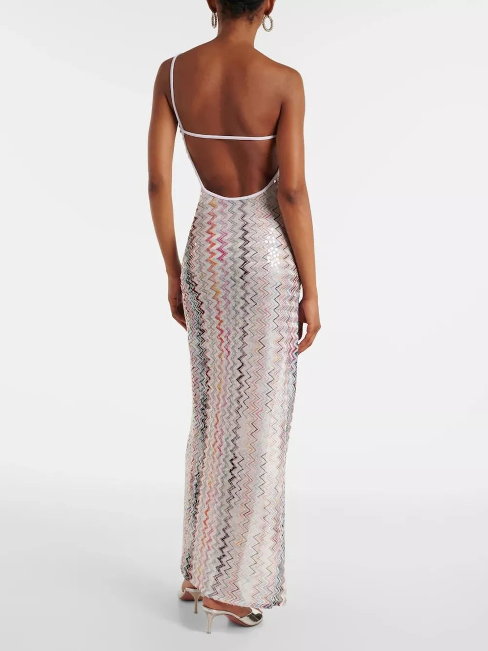 Zigzag one-shoulder maxi dress with slit, featuring a white strap and open back.