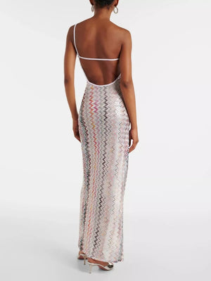 Zigzag one-shoulder maxi dress with slit, featuring a white strap and open back.