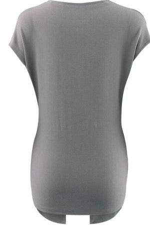 Gray Dawn ribbed knit top with short sleeves and a boat neckline.