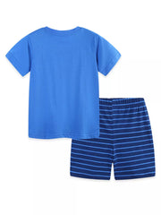 Blue cotton toddler t-shirt and striped shorts set.