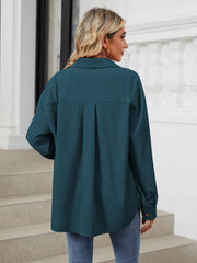 Deep Teal corduroy overshirt with back pleat detail and buttoned cuffs.