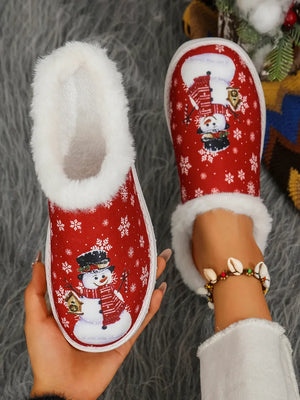 Red snowman print sherpa lined holiday slides with snowflake pattern