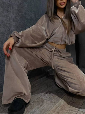 Zip Up Cropped Outerwear And Pants Set, close-up detail