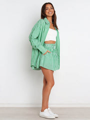 Oversized green and white stripe shirting set with button-down shirt and drawstring shorts.