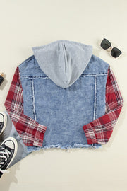 Denim plaid hybrid jacket with distressed details and grey hood.