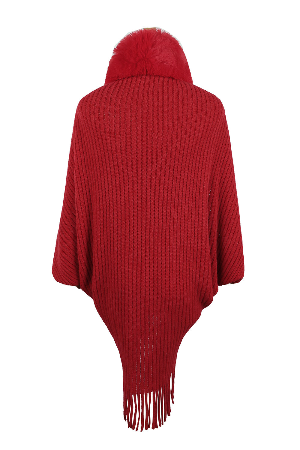 Deep Red knit cape with faux fur collar and fringe detail