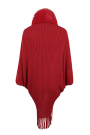 Deep Red knit cape with faux fur collar and fringe detail