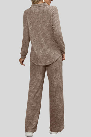 Ribbed knit lounge set in tan with collar and wide leg pants.