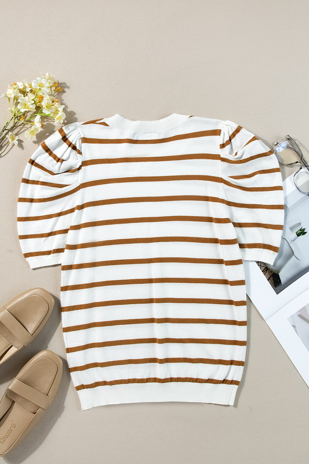 Puff sleeve breton knit top in white with brown stripes, crew neck, and casual fit.