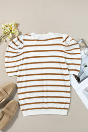 Puff sleeve breton knit top in white with brown stripes, crew neck, and casual fit.