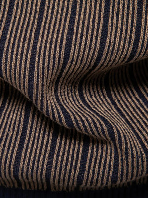 Brown and navy ribbed stripe mock neck pullover sweater detail