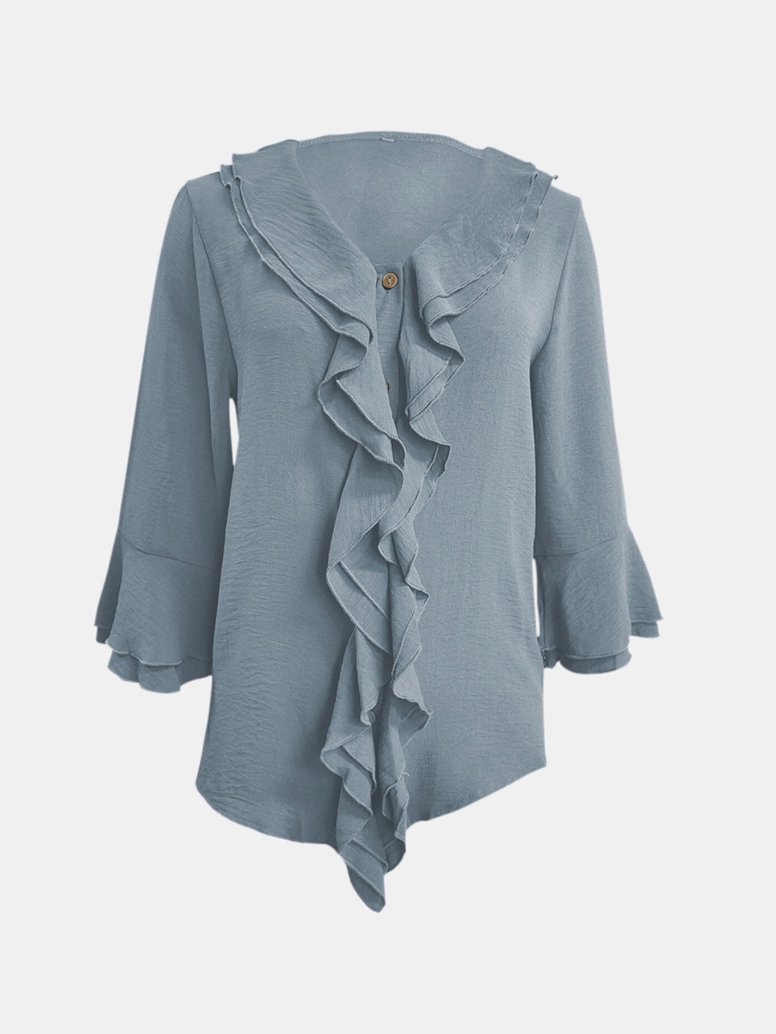 Light Blue linen blouse with ruffled V-neck, button detail, and flared sleeves.