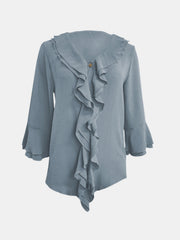 Light Blue linen blouse with ruffled V-neck, button detail, and flared sleeves.