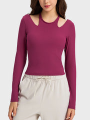 Ribbed long sleeve active top in magenta with cutout shoulders
